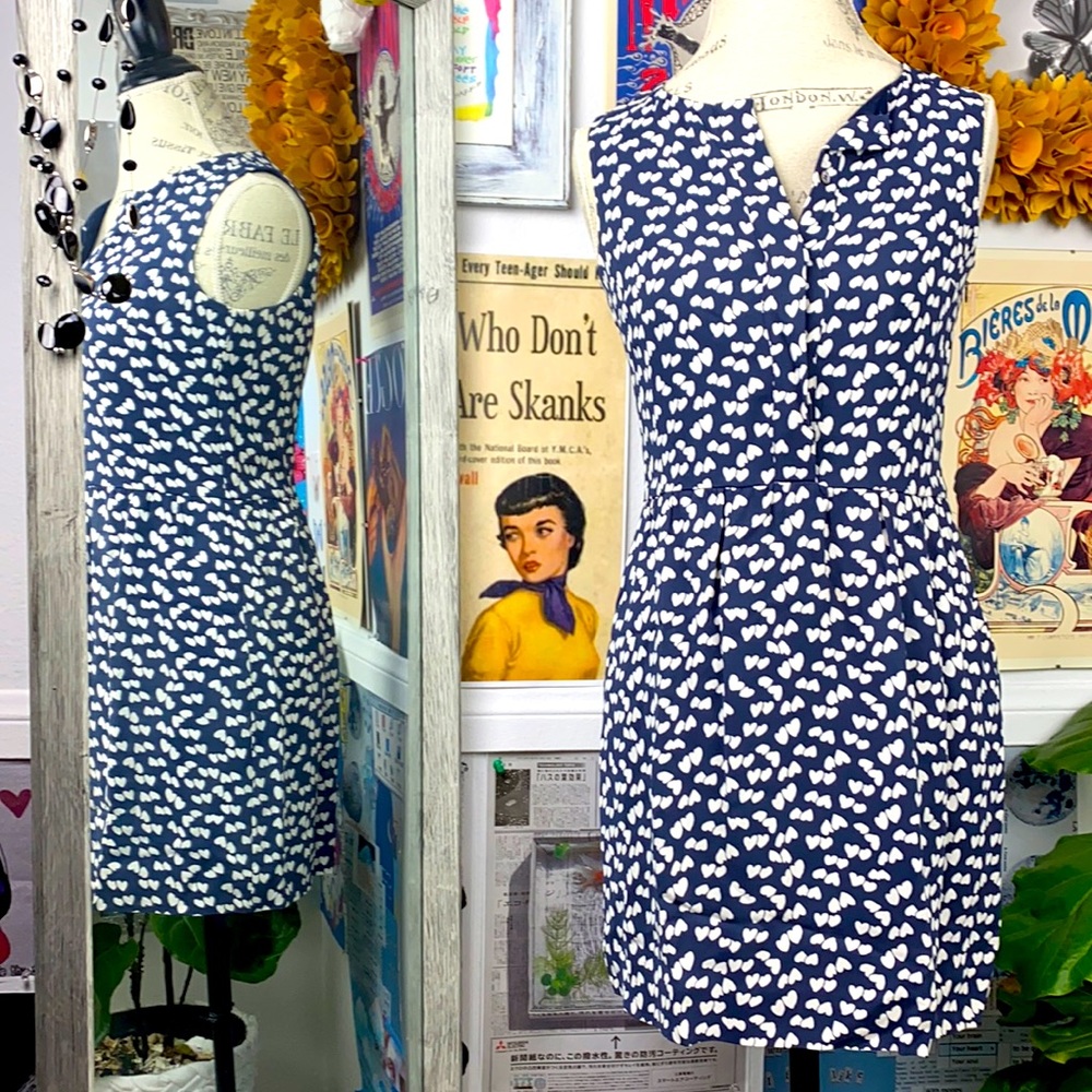 J.CREW Scattered Tossed Hearts Placket Mini Dress Blue Navy White Size 00